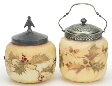 MT. WASHINGTON CROWN MILANO ENAMEL-DECORATED ART GLASS JARS, LOT OF TWO