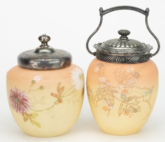 MT. WASHINGTON CROWN MILANO FIRED-ON BURMESE ART GLASS CRACKER JARS, LOT OF TWO