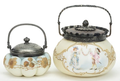 MT. WASHINGTON ENAMEL-DECORATED OPAL ART GLASS BONBON/CRACKER JARS, LOT OF TWO
