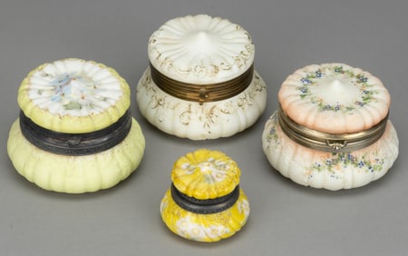 MT. WASHINGTON CROWN MILANO ENAMEL-DECORATED OPAL ART GLASS JEWEL / DRESSER BOXES, LOT OF FOUR