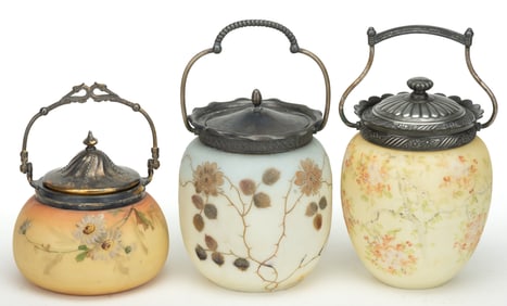MT. WASHINGTON ENAMEL-DECORATED OPAL ART GLASS CRACKER JARS, LOT OF THREE
