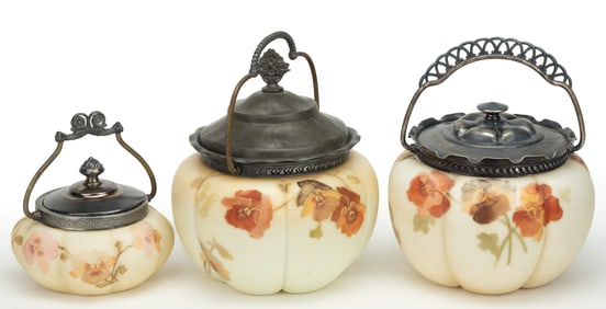 SMITH BROTHERS ENAMEL-DECORATED OPAL ART GLASS JARS, LOT OF THREE
