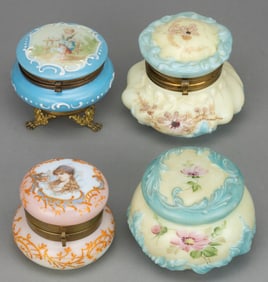 ASSORTED VICTORIAN ENAMEL-DECORATED ART GLASS JEWEL / DRESSER BOXES, LOT OF FOUR