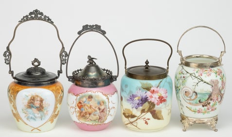 VICTORIAN ENAMEL-DECORATED OPAL ART GLASS CRACKER JARS, LOT OF FOUR