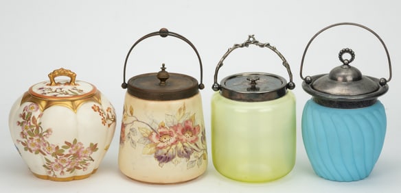 ASSORTED VICTORIAN GLASS AND CERAMIC ART GLASS CRACKER JARS, LOT OF FOUR