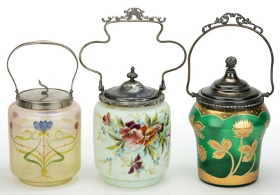 ASSORTED VICTORIAN / ART NOUVEAU ART GLASS CRACKER JARS, LOT OF THREE