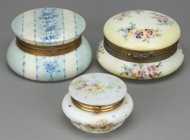 ASSORTED VICTORIAN ENAMEL-DECORATED OPAL JEWEL / DRESSER BOXES, LOT OF THREE