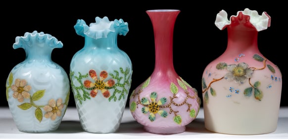 ASSORTED VICTORIAN CORLENE DECORATED AIR-TRAP MOTHER-OF-PEARL SATIN ART GLASS VASES, LOT OF FOUR
