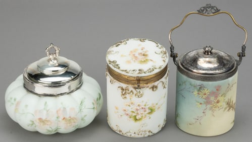 ASSORTED DECORATED OPAL ART GLASS CRACKER JARS, LOT OF THREE