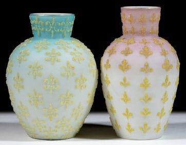 VICTORIAN CORALENE DECORATED ART GLASS VASES, LOT OF TWO