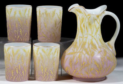 VICTORIAN CORALENE DECORATED ART GLASS FIVE-PIECE WATER SET