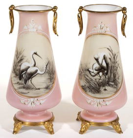 FRENCH DECORATED OPALINE ORMOLU MANTLE VASES, LOT OF TWO