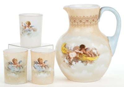 VICTORIAN ENAMEL-DECORATED ART GLASS WATER SET, LOT OF FOUR