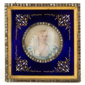 EUROPEAN DECORATED-ENAMEL ART GLASS FRAME WITH MINIATURE PORTRAIT