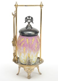 VICTORIAN CORALENE DECORATED ART GLASS PICKLE CASTER