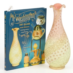 MT. WASHINGTON QUEEN'S LACE BURMESE ART GLASS VASE WITH BOOK