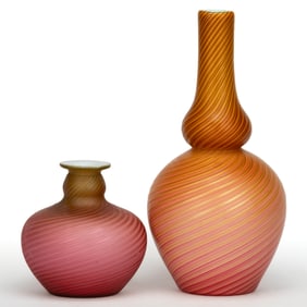 STEVEN AND WILLIAMS POMPEIAN SWIRL/VERRE DE SOIE ART GLASS VASES, LOT OF TWO