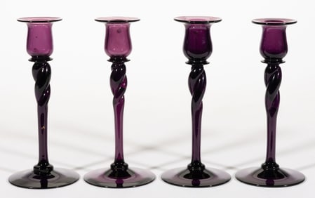 STEUBEN ART GLASS NO. 686 AMETHYST CANDLESTICKS, LOT OF FOUR