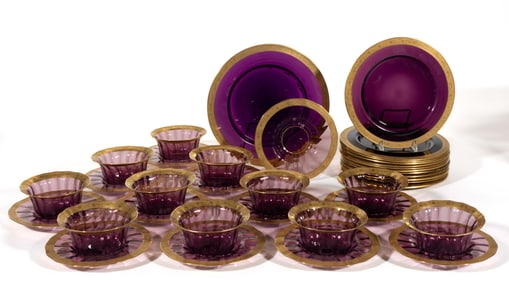 STEUBEN ART GLASS AND OTHERS GILT-RIM TABLEWARE ARTICLES, LOT OF 36