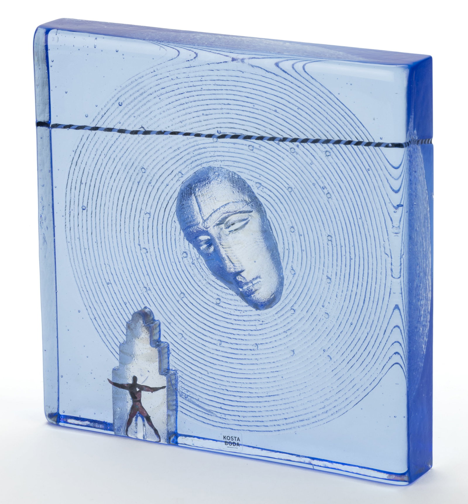 BERTIL VALLIEN (SWEDISH, B. 1938) "MEETING" ABSTRACT STUDIO ART GLASS SCULPTURE: BERTIL VALLIEN (SWEDISH, B. 1938) "MEETING" ABSTRACT STUDIO ART GLASS SCULPTURE, blue, having a tilted mask surrounded by radiating concentric circles beneath a spiral banded cane stretching