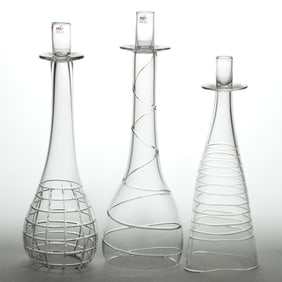 MARK BICKERS FREE-BLOWN AND CUT GLASS CANDLEHOLDERS, LOT OF THREE
