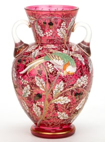 MOSER ATTRIBUTED ACORNS ENAMEL-DECORATED ART GLASS VASE