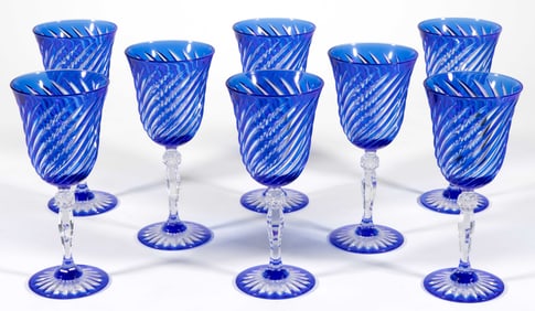 CRISTAL D'ARQUES DURAND VALSE CUT OVERLAY GOBLETS, SET OF EIGHT