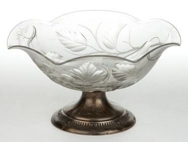 SIGNED TUTHILL INTAGLIO CUT GLASS BOWL ON STERLING SILVER-MOUNT