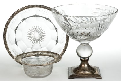 STERLING SILVER-MOUNTED INTAGLIO CUT GLASS ARTICLES, LOT OF THREE