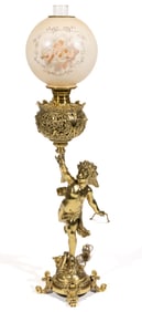 CHARLES PARKER CO. CAST-METAL WITH BRASS FINISH FIGURAL CHERUB KEROSENE BANQUET LAMP