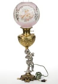 MIXED METALS FIGURAL CHERUB STEM KEROSENE BANQUET LAMP