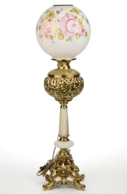PLUME & ATWOOD CAST-BRASS AND ONYX KEROSENE BANQUET LAMP