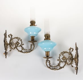 EUROPEAN OPAQUE GLASS AND CAST BRASS WALL SCONCE KEROSENE LAMPS, PAIR