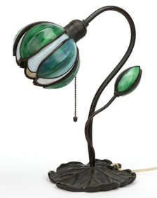 HANDEL BRONZE AND SLAG-GLASS FIGURAL "POND LILY" ELECTRIC DESK LAMP