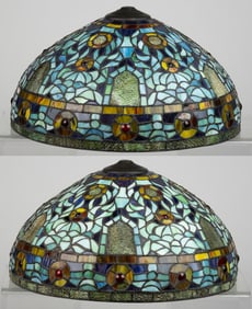 CONTEMPORARY ARTS AND CRAFTS-STYLE LEADED, STAINED AND SLAG GLASS ELECTRIC TABLE LAMP SHADES, PAIR