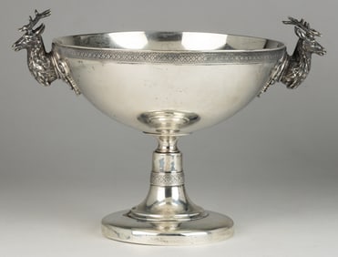 TIFFANY & CO. STERLING SILVER CENTERPIECE / PEDESTAL BOWL WITH FIGURAL STAG HEADS