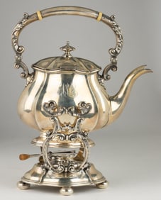 SHREVE, CRUMP & LOW CO. STERLING SILVER TEA KETTLE WITH STAND AND BURNER