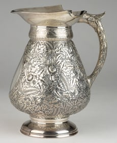WOOD & HUGHES AESTHETIC MOVEMENT CHASED STERLING SILVER WATER PITCHER