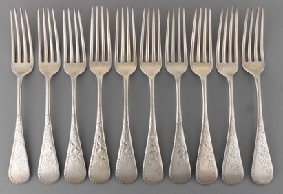 WOOD & HUGHES "ENGRAVED NO. 1" STERLING SILVER PLACE FORKS, SET OF TEN