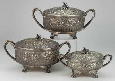GORHAM REPOUSSE STERLING SILVER THREE-PIECE TUREEN / COVERED SERVING BOWL SET