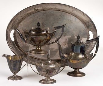 GORHAM "PLYMOUTH" STERLING SILVER FOUR-PIECE COFFEE AND TEA SERVICE WITH "PURITAN" SERVING TRAY