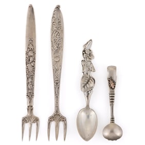 SHIEBLER AND GORHAM STERLING SILVER FLATWARE AND SUGAR TONGS, LOT OF FOUR