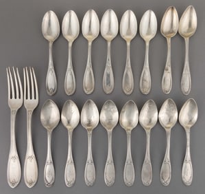 NEW YORK AND OTHER STERLING AND COIN SILVER SPOONS AND FORKS, LOT OF 18