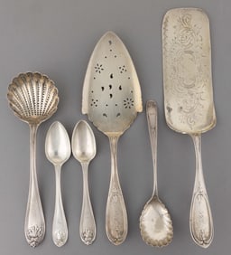 MASSACHUSETTS AND OTHER COIN SILVER SERVING UTENSILS AND SPOONS, LOT OF SIX