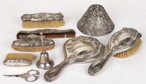 ASSORTED STERLING-HANDLED / STERLING SILVER DRESSER AND OTHER ARTICLES, LOT OF EIGHT
