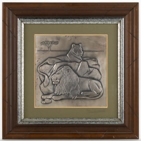 THE FRANKLIN MINT "THE AFRICAN LION" FINE SILVER FRAMED WALL SCULPTURE