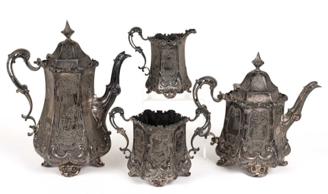 JOSEPH ANGELL I & II, ENGLISH VICTORIAN STERLING SILVER FOUR-PIECE COFFEE AND TEA SERVICE