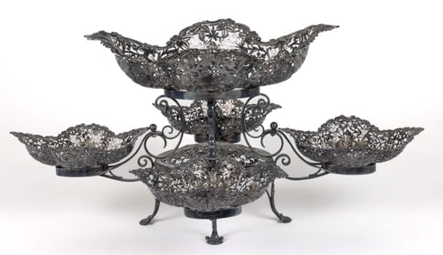 GEORGE EDWARD & SONS, ENGLISH EDWARDIAN RETICULATED STERLING SILVER EPERGNE