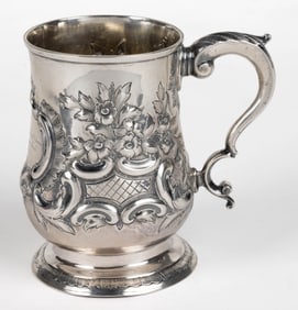 JOHN KING, ENGLISH GEORGIAN REPOUSSE STERLING SILVER PRESENTATION MUG FROM DUCHESS OF ORLEANS TO