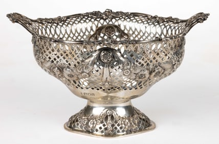 CHARLES STUART HARRIS, ENGLISH EDWARDIAN STERLING SILVER RETICULATED FOOTED BASKET BOWL